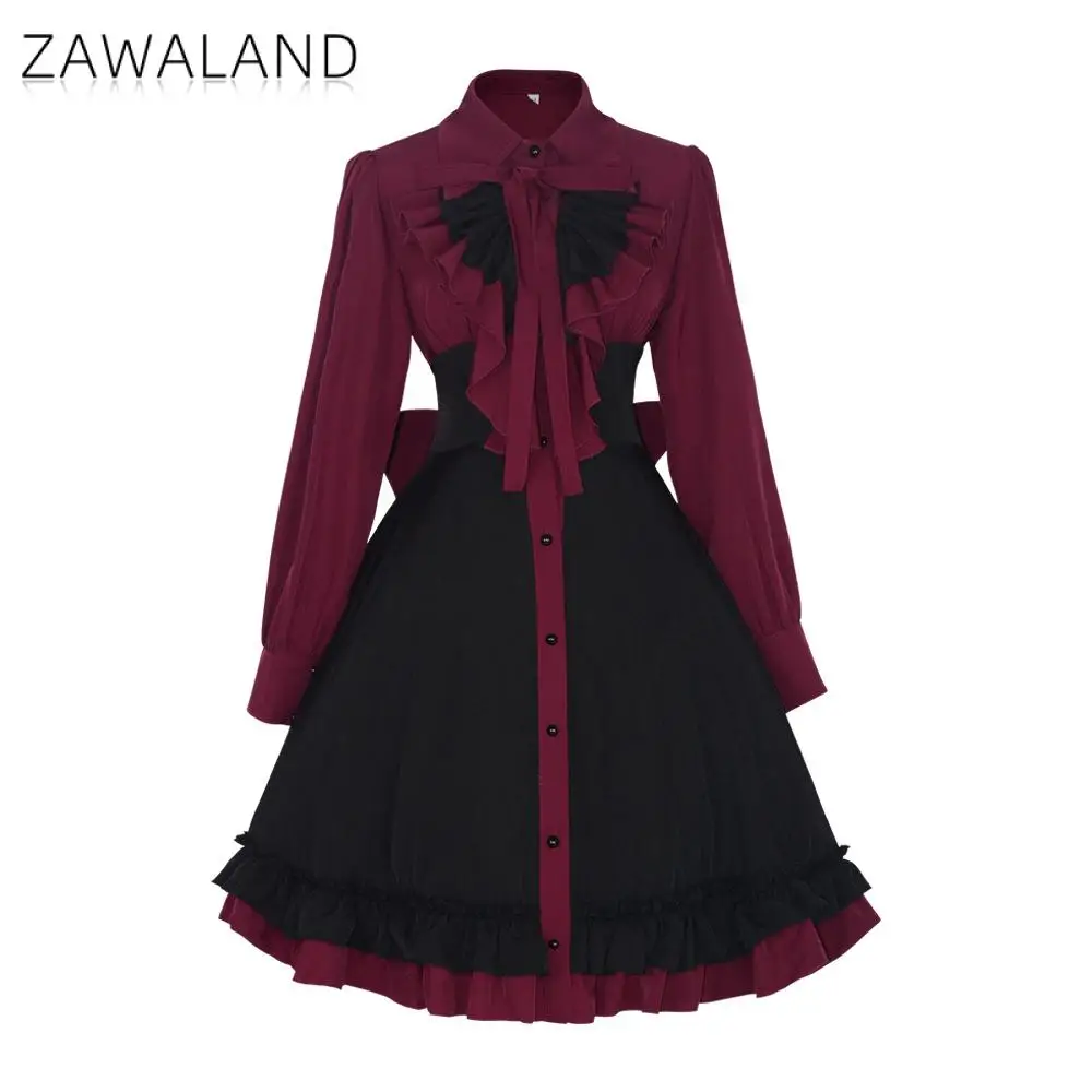 

Платье Zawaland в стиле готической Лолиты, бордовое с черным, викторианское платье А-силуэта с оборками, наряд для чаепития, с длинными рукавами, средневековый костюм для косплея