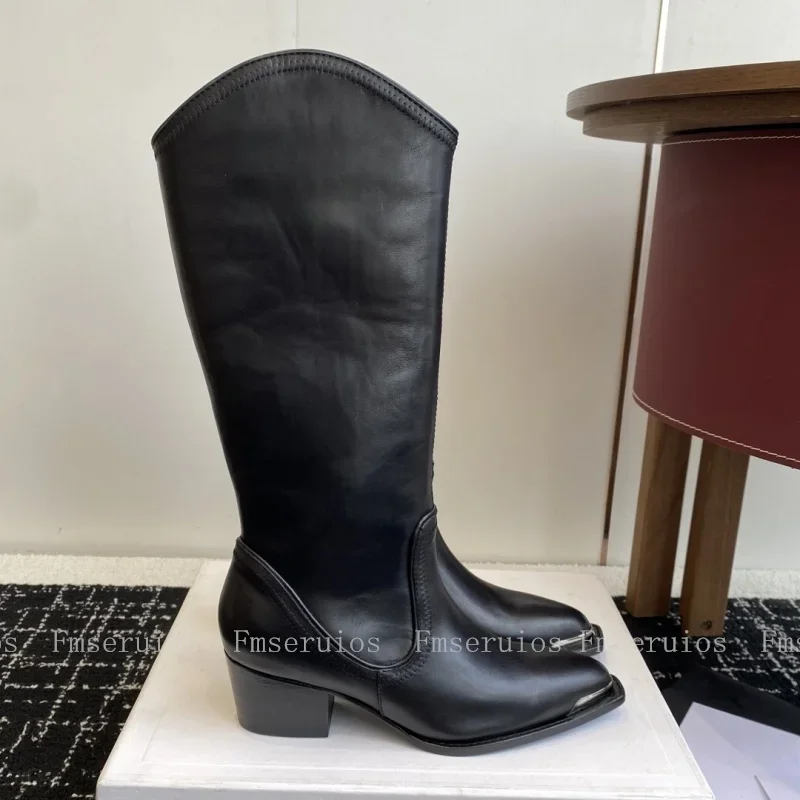 2025 العصرية قبعات رعاة البقر الغربية أحذية النساء حذاء برقبة للركبة كعب مكتنز جلد طبيعي أشار تو موضة أنيقة تصميم موجز