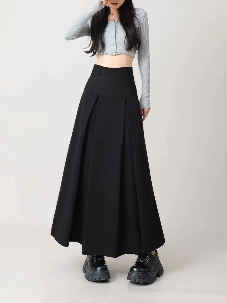 Slimming A-Line Midi Skirt for Pear Shaped Women Spring Autumn plus Size Conceals Hip Suit Style Pleated Long Skirt