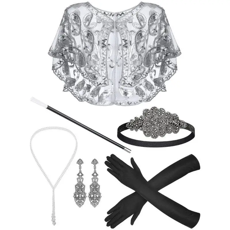 652f vintage flapper traje 1920s feminino great-gatsby cocar luvas cetim brincos colar baile formatura acessórios festa