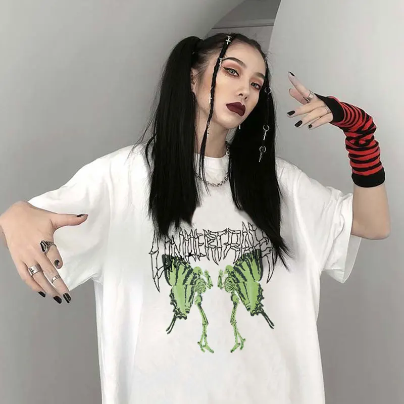 

2023 Women's T-shirt Streetwear Tops Ulzzang Harajuku Retro Goth Butterfly Printed Oversized T-shirt Summer New Hip Hop Tees Top