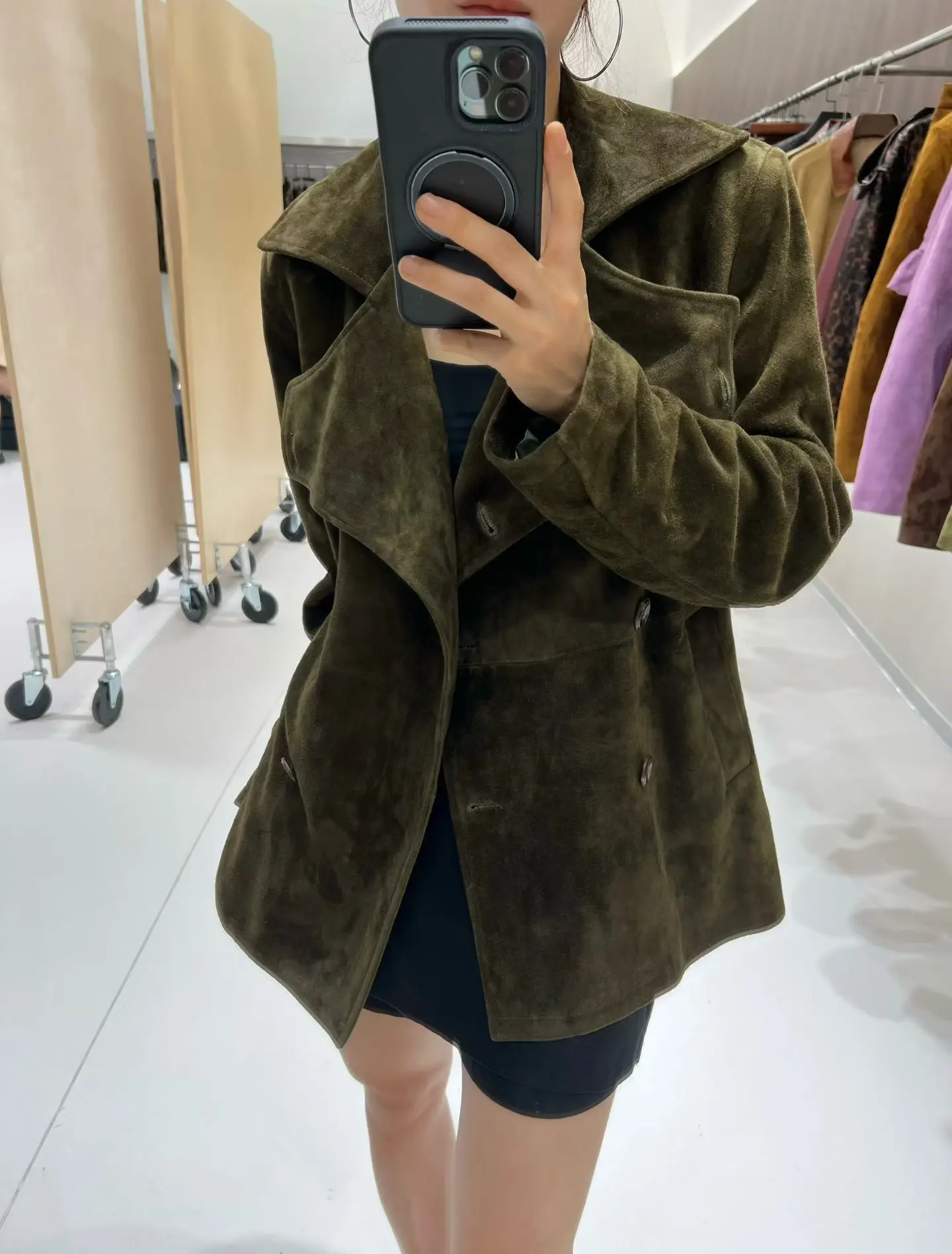 Retro Turn-down Collar Sheep Suede Leather Real Jackets for Women 2025 Trendy Soft Suede Medium Long Outwears Female Trench Coat