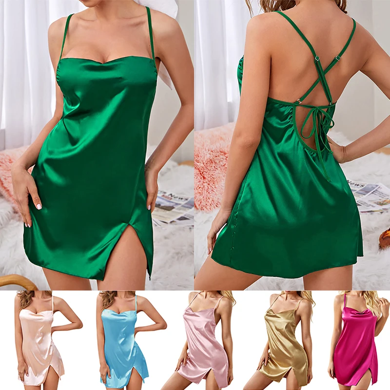 1PC Night Sleepdress Satin Sling Sleepwear Women Cross Strap Halter Nightgown V-Neck Sexy Nightdress Female ?Beautyback Nightie