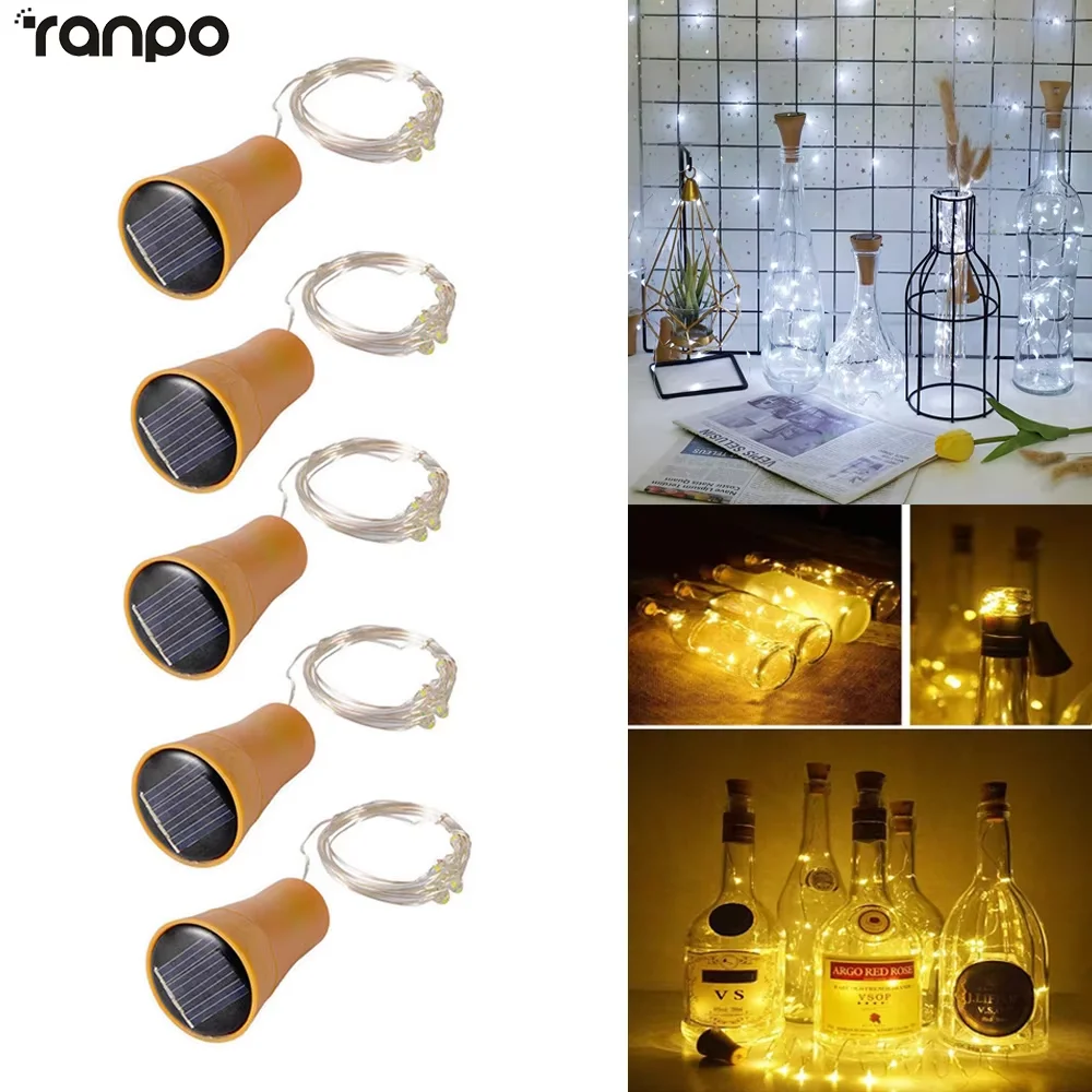 

5Pcs 2M 1M 10 20LEDs Wine Bottle String Light Solar Power Copper Wire Fairy Lights Cork Shape Christmas Lamp For Party Decor