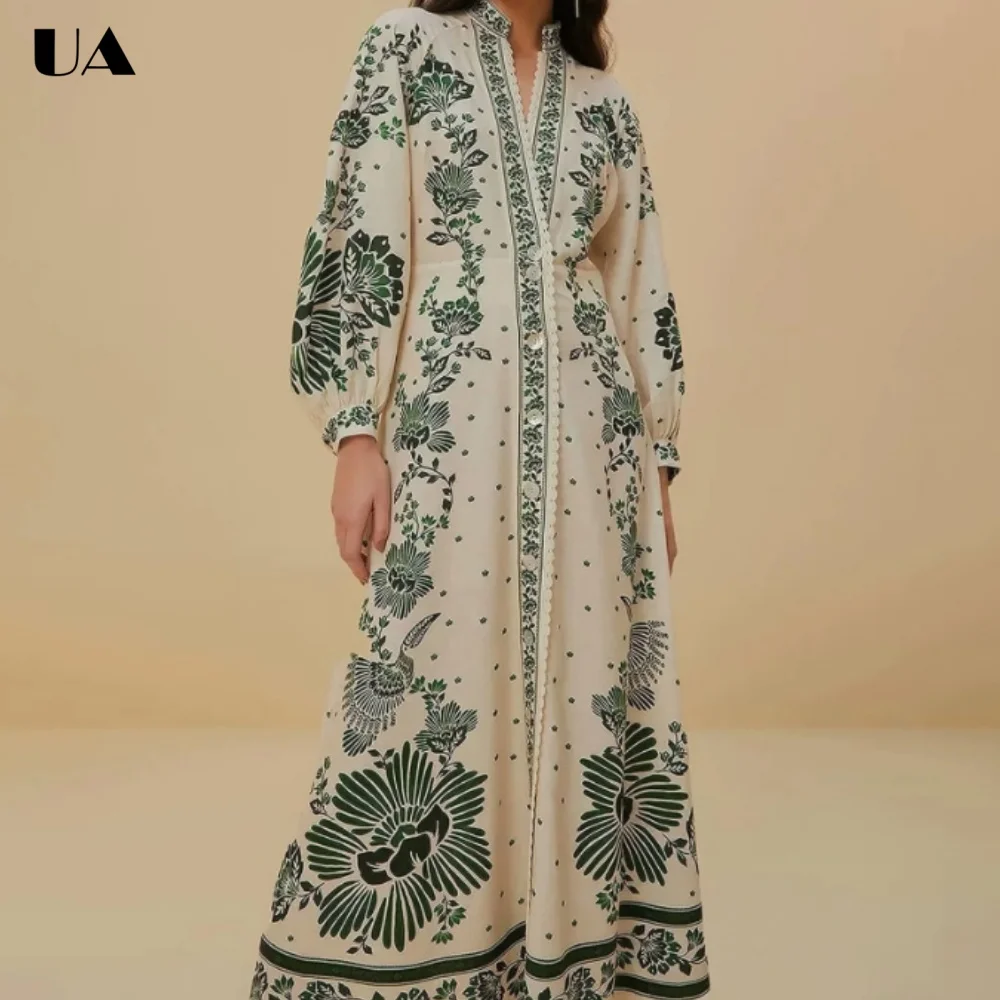 

Fashionable Loose Printed Maxi Dress with Lantern Sleeve Trendy V-neck Long Dress for Woman Vacation Style Single Breasted Dress