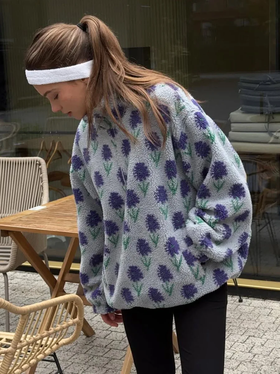 Wolfeel-Sudadera de lana Jacquard para mujer, sudadera holgada con media cremallera, sudadera de cuello alto, otoño e invierno