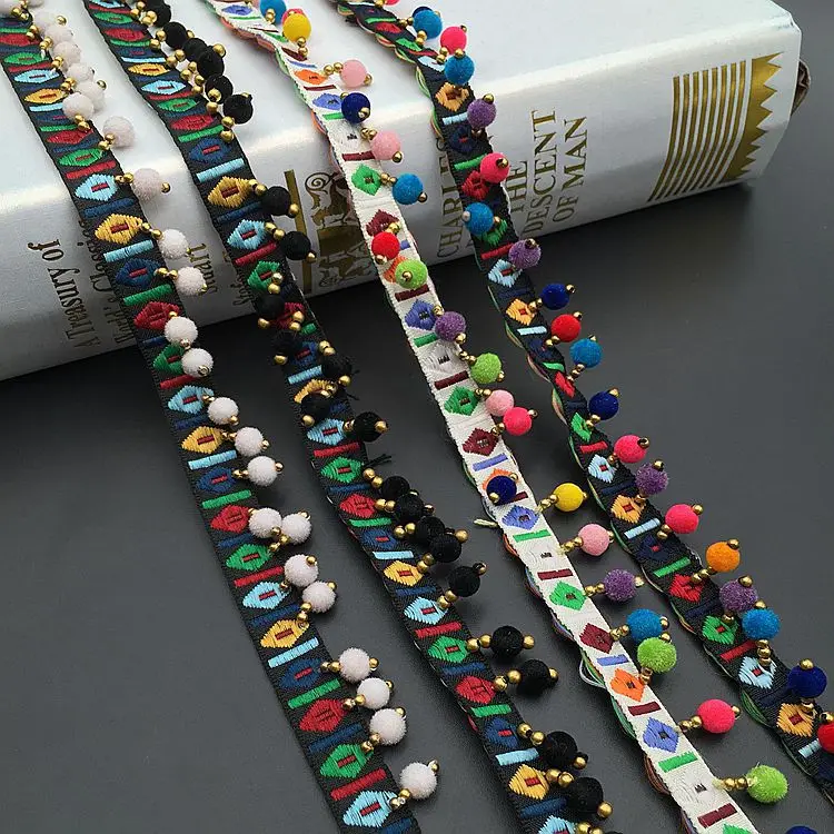 

Ethnic Style Raised Flower Ribbon Handmade Beaded Ball Tassel Colorful Ball Lace Trim Clothing DIY Decorative Accessories