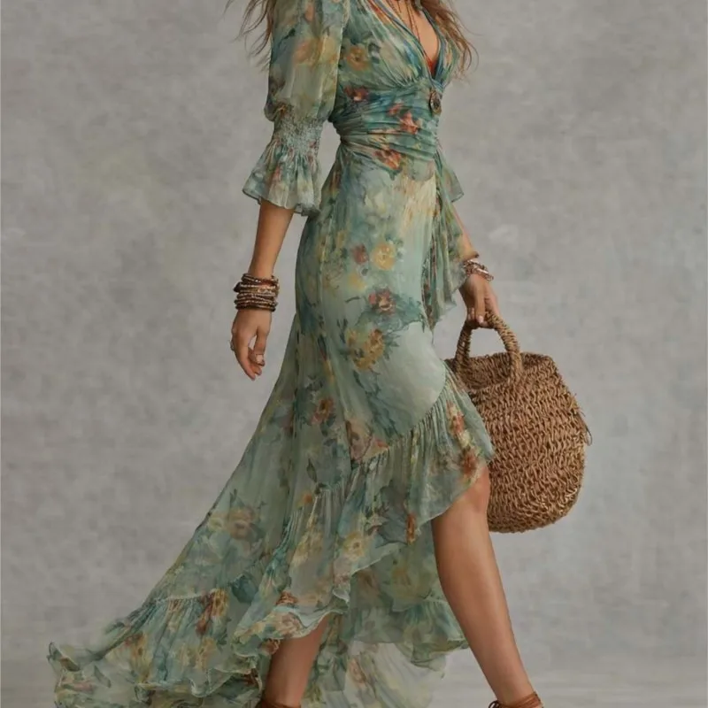 Fashion Sexy Dress Summer Retro Bohemian Print Holiday Style V-neck Lotus Leaf Sleeve Pleated Slit Irregular Dresses Vestidos