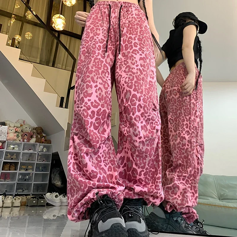 LIBIELIY Woman American Streetwear Baggy Y2k Jeans Girls Vintage Harajuku Trousers Female Red Leopard Print Japanese 2000s Wide