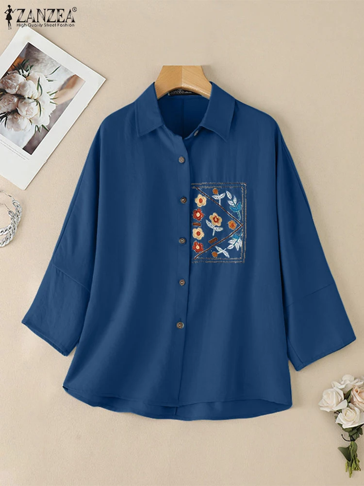 

2025 Women Summer Shirts ZANZEA Vintage Lapel Neck 3/4 Sleeve Work Blouse Casual Button Blusas Tunic Tops Loose Chemise Oversize