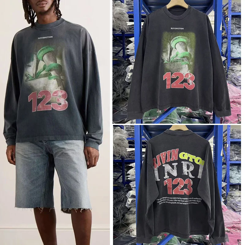 

Хип-хоп Змея Графика Логотип Принт RRR-123 Футболка с длинными рукавами Мужчины Женщины Высокое качество Хлопок Винтаж Промытая черная футболка