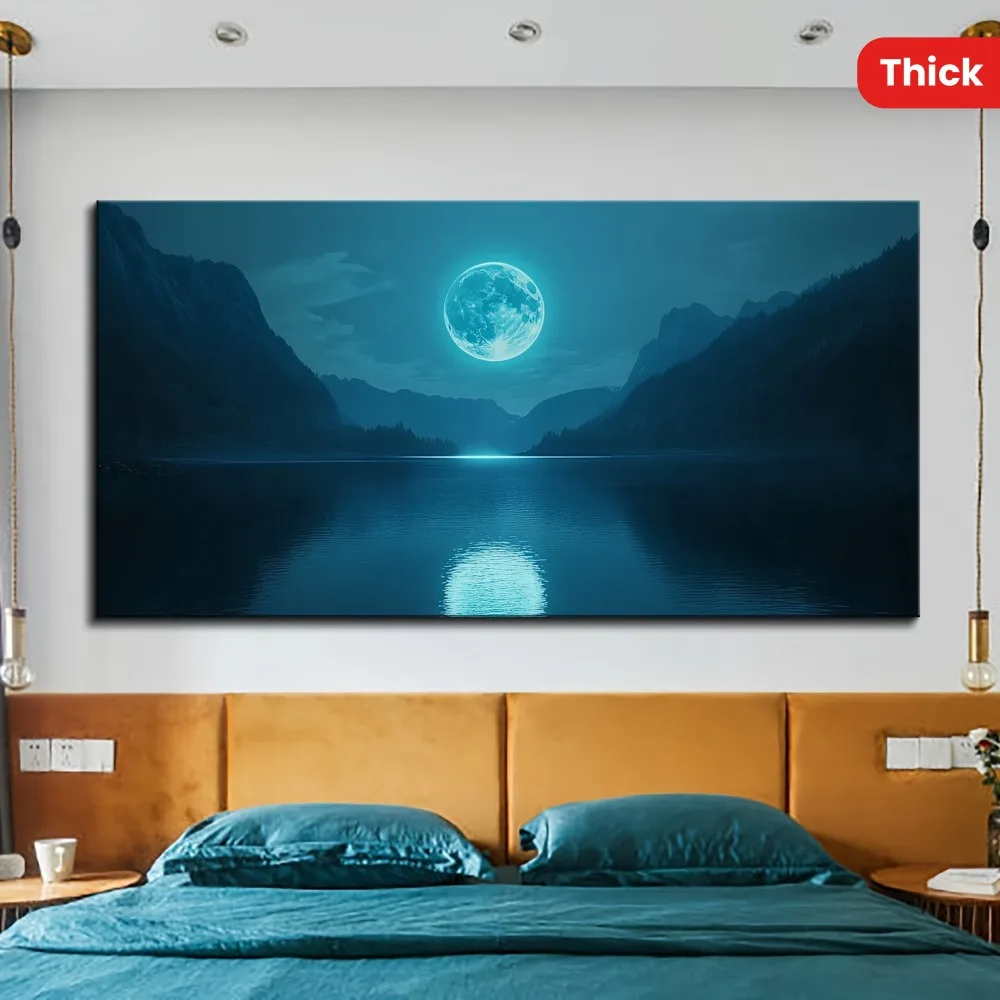 1.5 inch thick pine solid wood frame, mural canvas printing, moon ocean landscape full moon painting, home decorative art