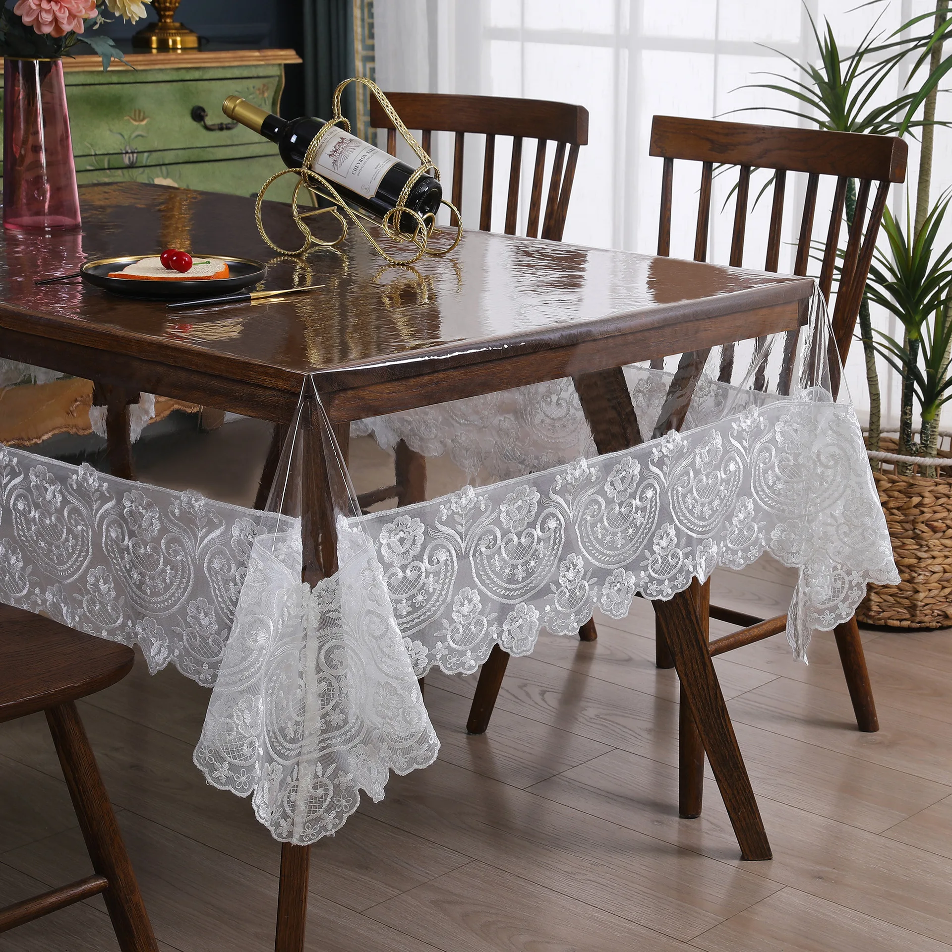 

PVC Tablecloth Embroidery Lace Transparency PVC table cloth Waterproof Oilproof Kitchen Dining table cover for rectangular table