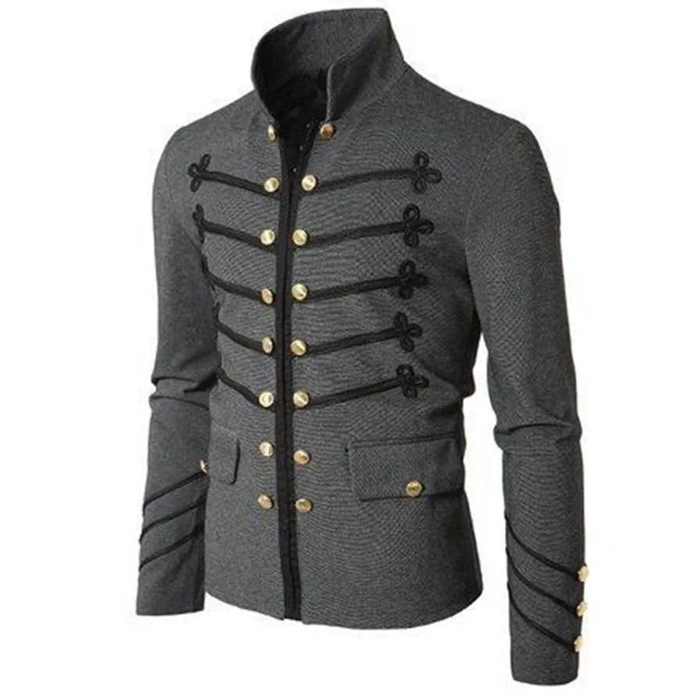 Men Vintage Military Gothic Parade Jacket Embroidered Buttons Solid Color Top Retro Uniform Ziper Outerwear