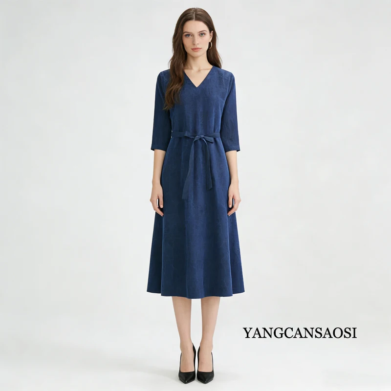 2026 Women's Spring Fashion New 100% Natural Mulberry Silk Fragrant Cloud Yarn Turtle Pattern V-neck Three-quarter Sleeve Dress