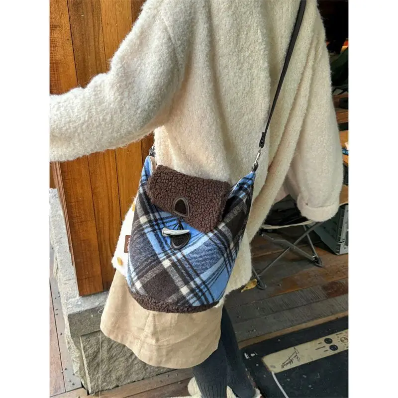 Miyagawa Autumn Winter New Plaid Patchwork Lamb Wool Retro Cowhorn Button Versatile Casual Cross Bag New Girls Shoulder Bags