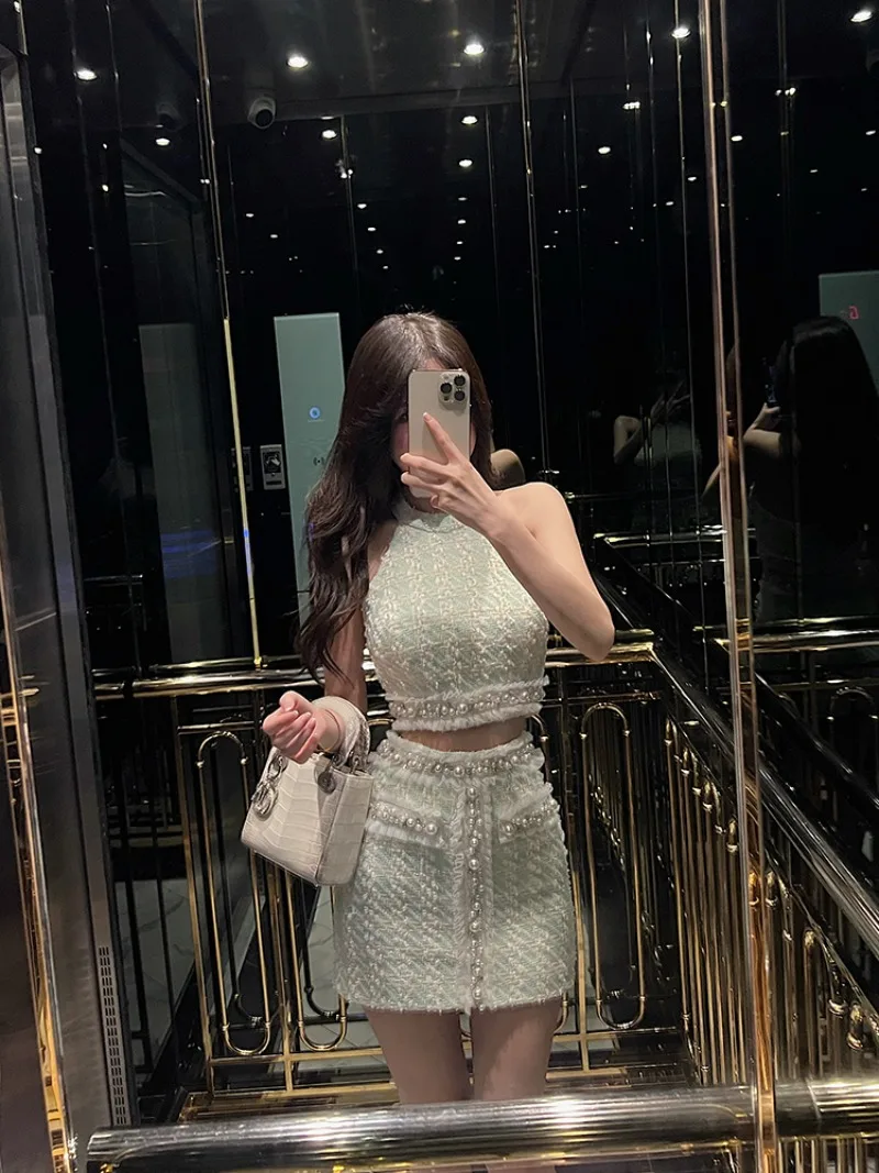 Temperament Celebrity Coarse Tweed Hanging Neck Top Hip Wrap Skirt Two-piece Set Women Bead Sleeveless Slim Summer Spicy Wear