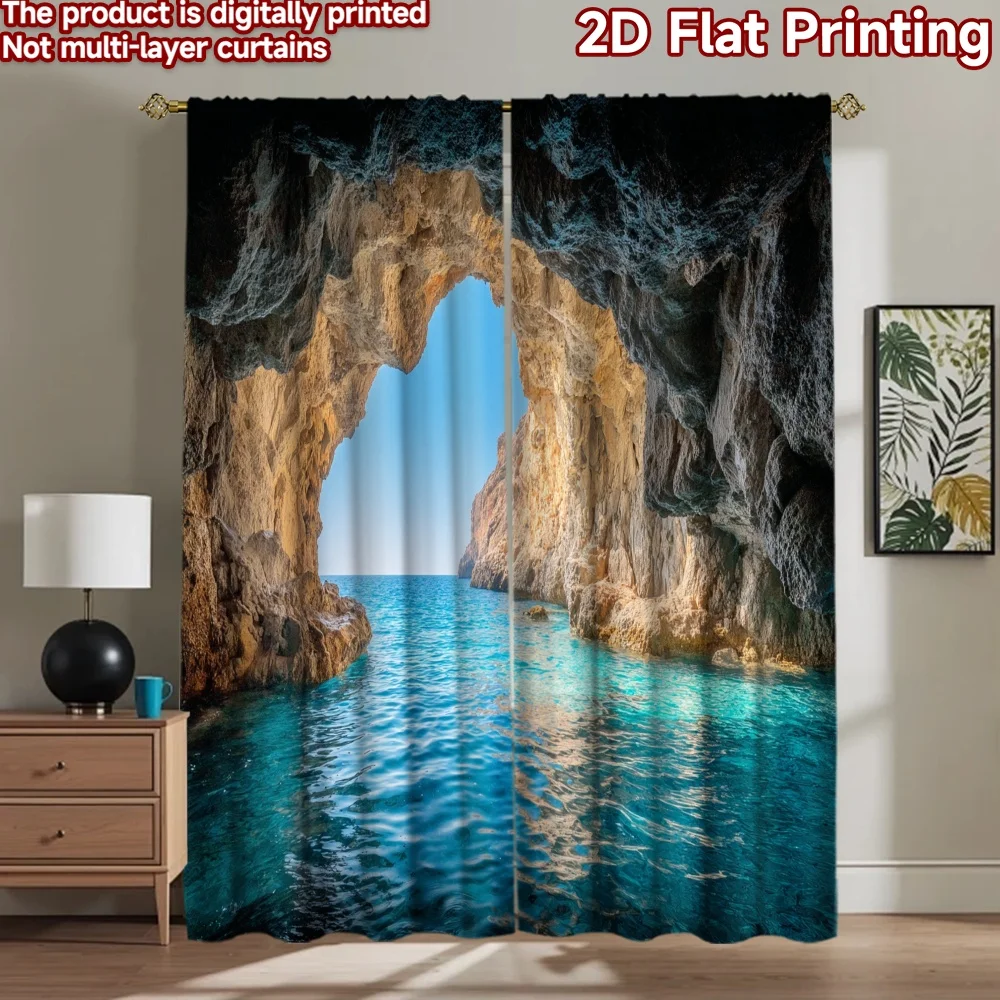 2D flat 2pcs Curtain Retro Country Style Sea Cave View Durable polyester fiber Birthday Party for Indoor Celebrations Studio
