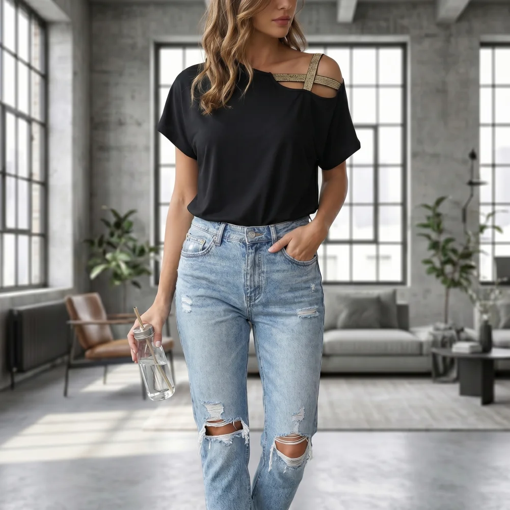 

Dropped Shoulder Sleeve Tops Women’s Asymmetrical Off-shoulder T-shirt Skew Collar Tee Loose Fit Summer Pullover Top for Wear