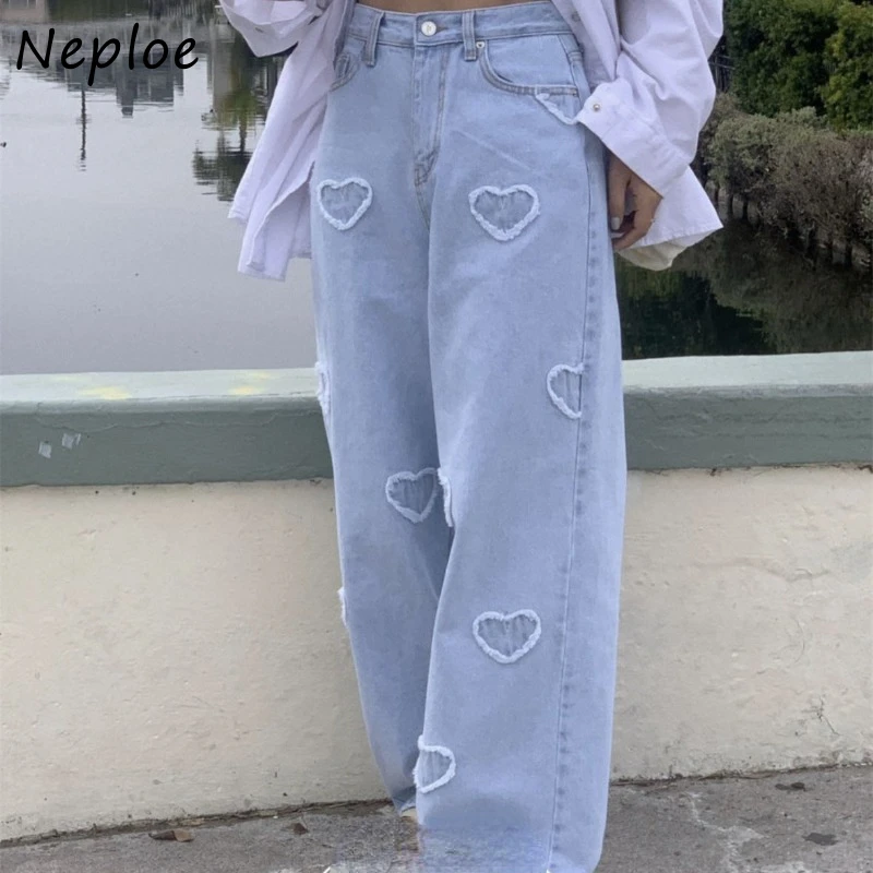 Neploe Fashion Sweet 3d Heart Jeans for Women Y2k High Waist Straight Trousers 2025 Spring New Loose Denim Wide Leg Pants