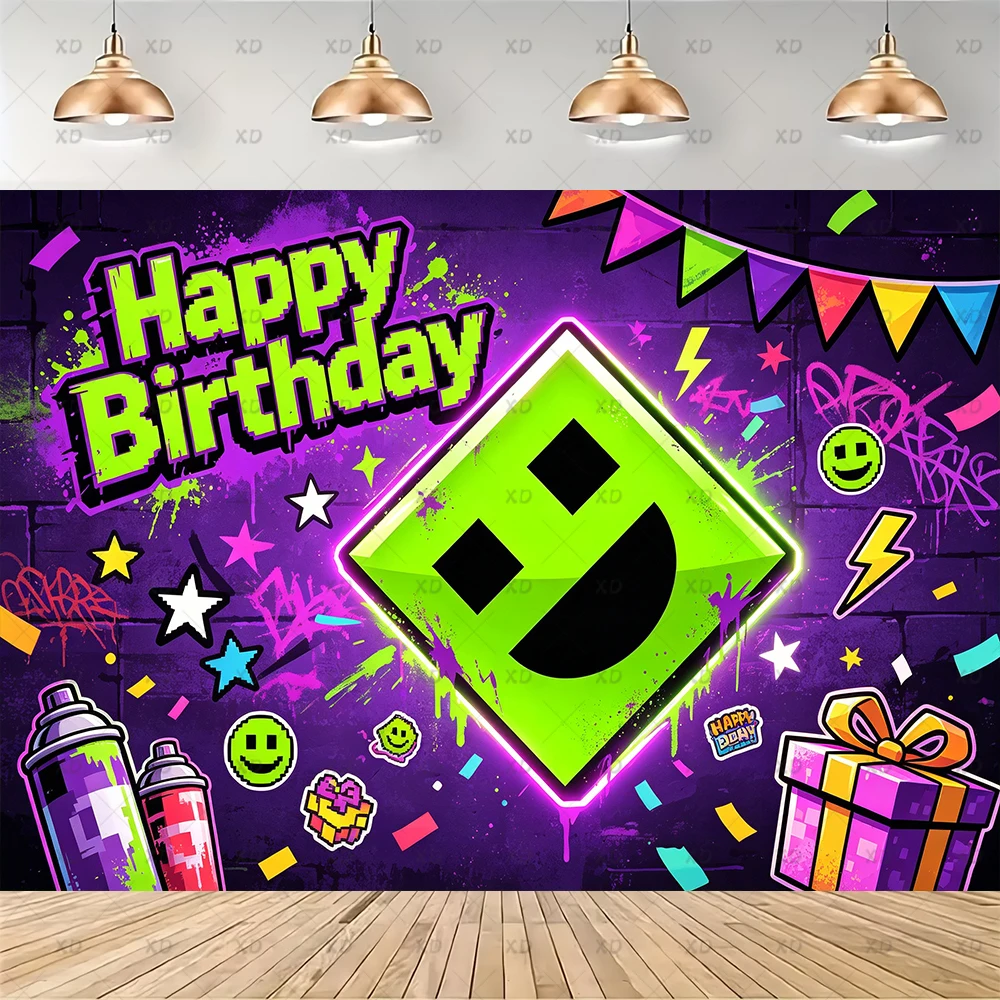Geometry Dash Themen-Geburtstagsparty-Dekoration Hintergrund-Ballon-Set Kuchendekoration Banner Hintergrund-Zubehör Geschenke für Jungen und Mädchen – Detail 5