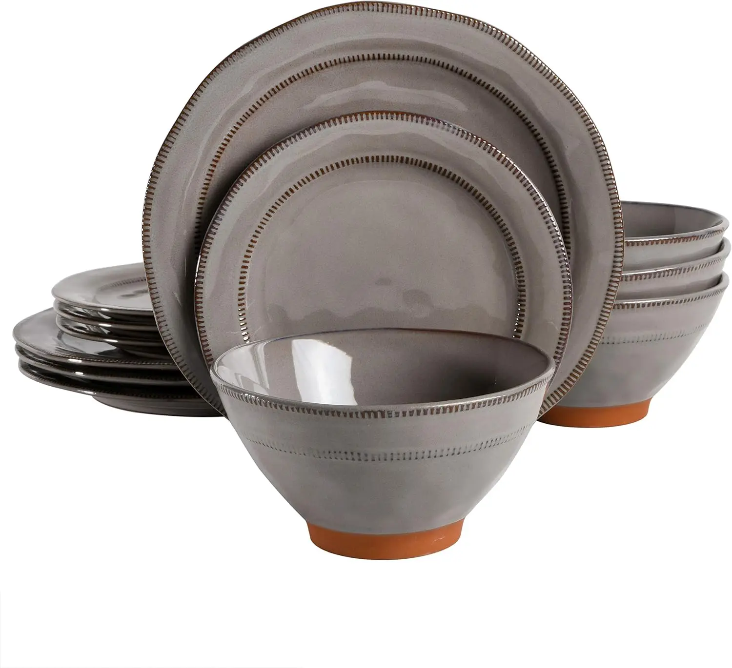 Round Reactive Glaze Terra Cotta Dinnerware Set, Service for Four (12 Pieces), Gray,Dishwasher Safe