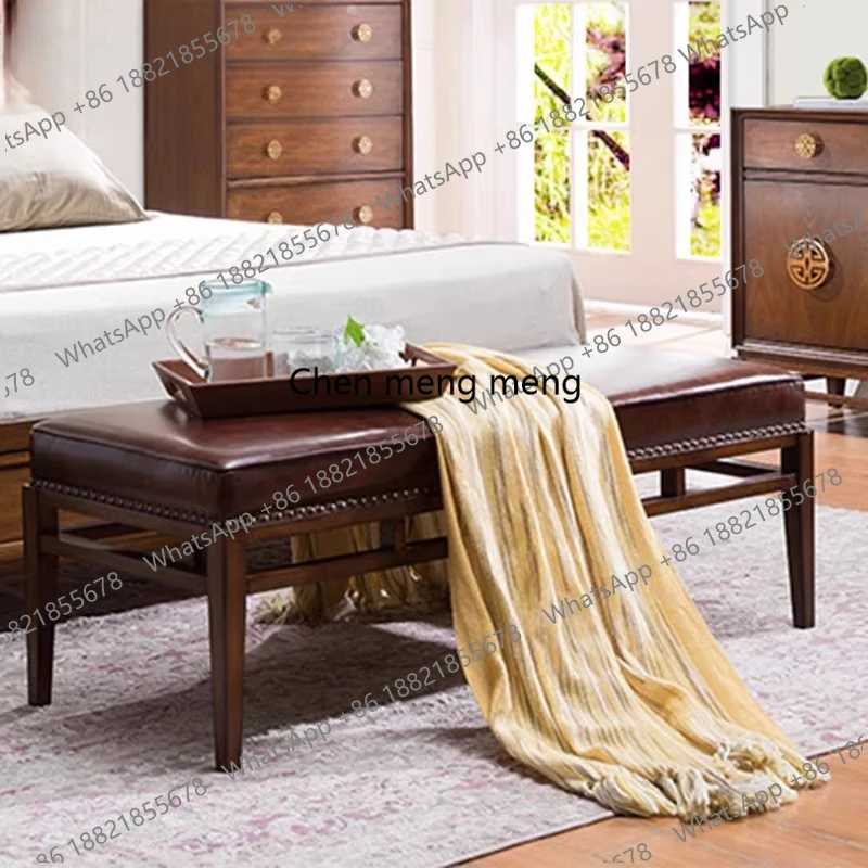

New Chinese bedside stool American leather solid wood sofa Bedroom bedside long stool