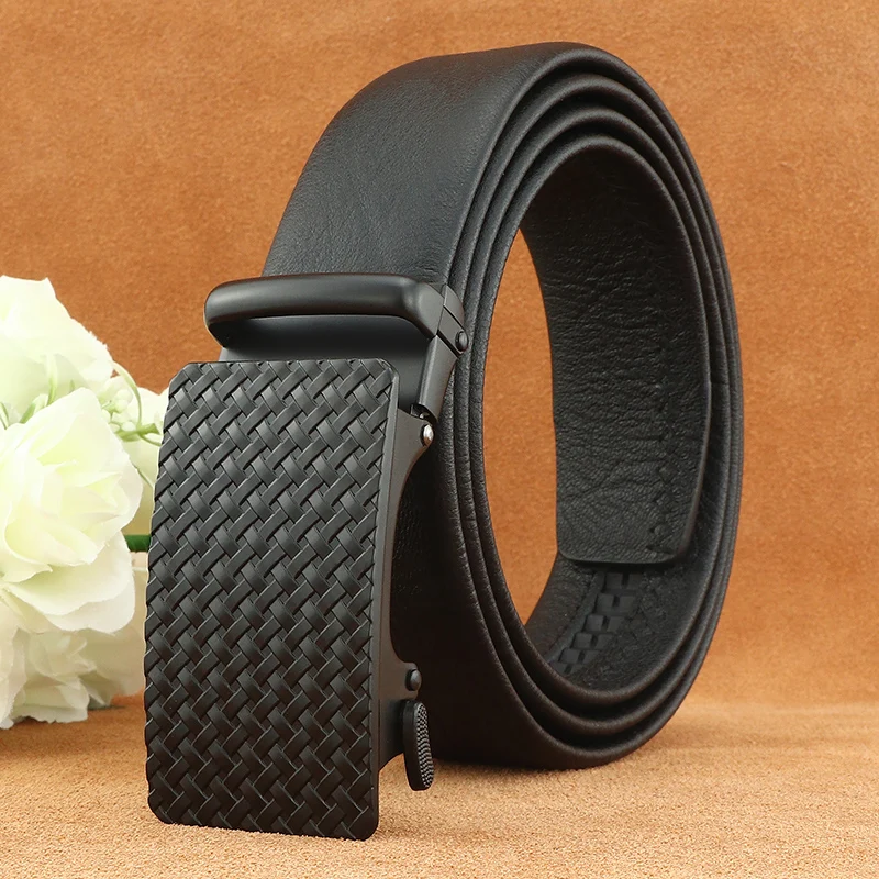 High Quality feragamo full grain leather Luxury Weaving pattern automatic buckle belts men brand male Waistband