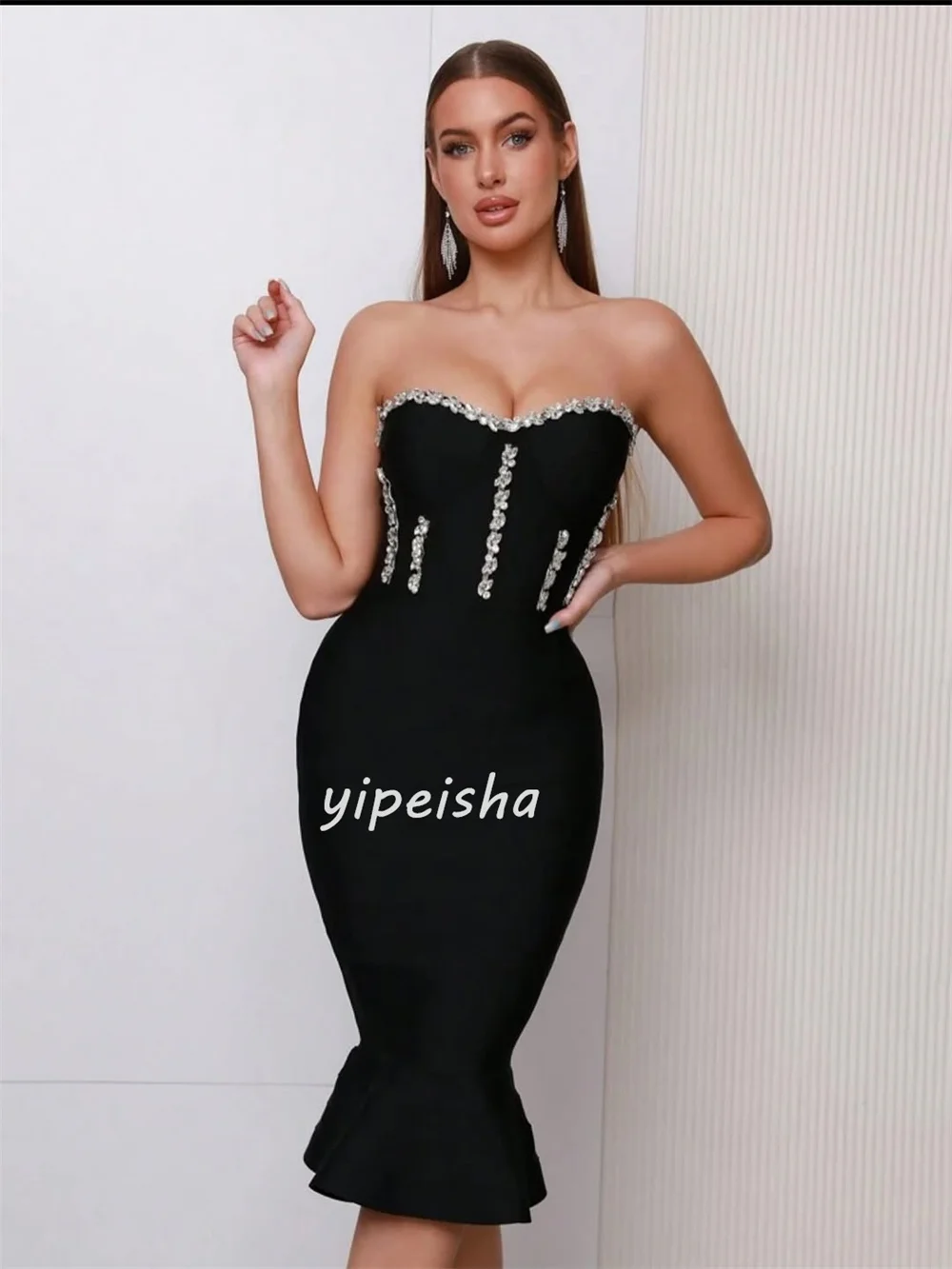 Индивидуальные модные одинаковые трикотажные платья со стразами и рюшами Русалка без бретелек длиной до колена, платья на заказ, классические сексуальные платья