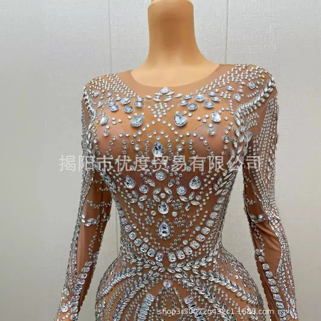 Elegant Front Split Trailing Bright Rhinestone Perspective Mesh Birthday Banquet Night Performance Long Dress Poria Partykleider