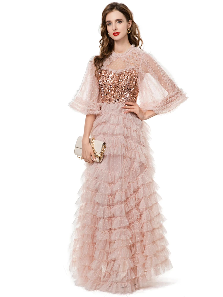 Dldenghan lantejoulas dot malha maxi vestido para mulher o pescoço mangas alargadas em camadas babados festa do vintage bolo vestido de verão feminino