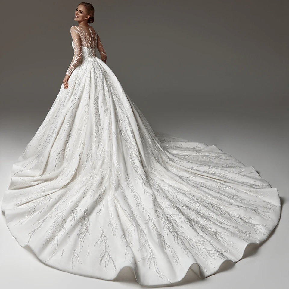 Robe de Mariée de Luxe en Dentelle à Paillettes, Col Rond, Manches sulf, Longueur au Sol, Traîne de Balayage, sur Mesure, avec Fermeture Éclair, pour Patients, 2024