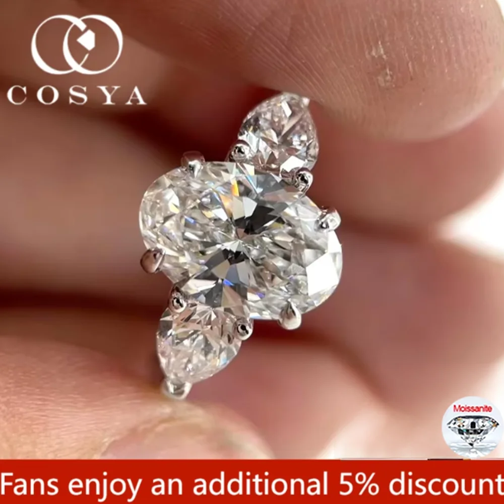 

COSYA 2CT D Color VVS1 Oval Cut Moissanite Ring for Women 925 Sterling Silver 3-Stone Engagement Ring Jewelry Gift