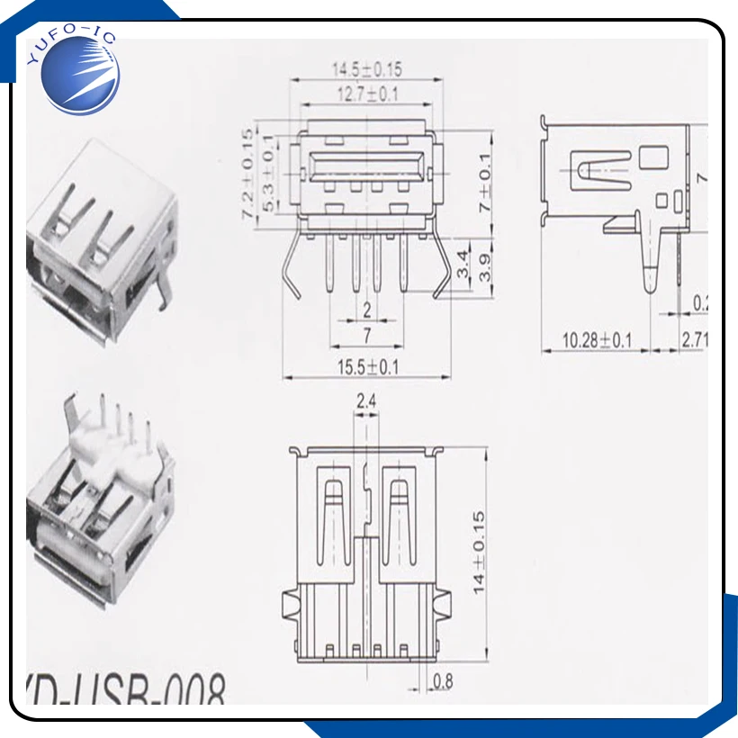 10PCS/LOT  Type USB-A interface base 90 degree bending A female USB socket curved needle type USB-A interface socket
