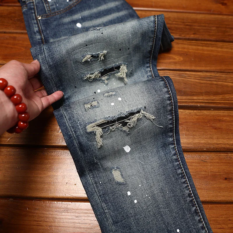 جينز مكسور للرجال، اتجاه كلاسيكي، طراز الشارع القديم، مقاس نحيف، أقدام صغيرة، سروال جينز مرن ثقيل الوزن
