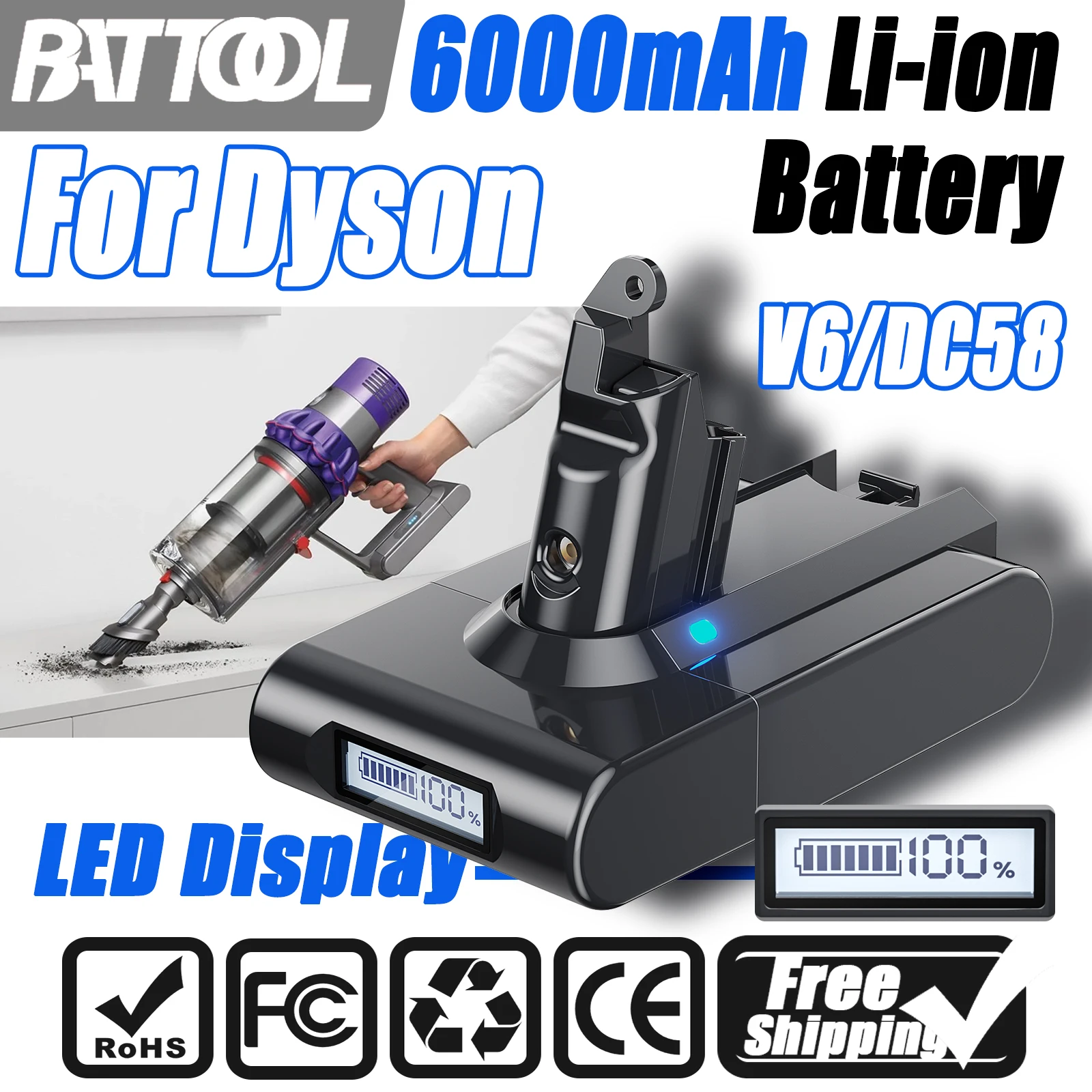 Akumulator litowo-jonowy do odkurzacza Dyson V6 21,6 V 6000 mAh LED Dispaly DC58 DC59 DC62 650 770 880 SV03 SV09