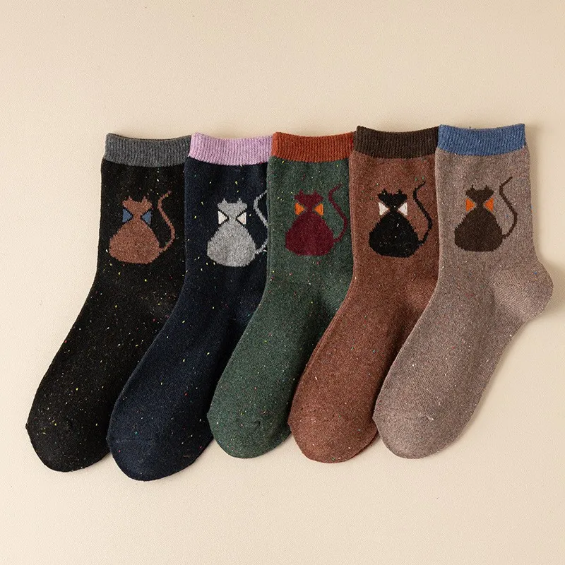 

Women Fashion Retro Winter Autumn Socks Cartoon Owl Cat Cotton Wool Sock Warm Cute Thick Warm Middle Tube Sox 5 Pairs