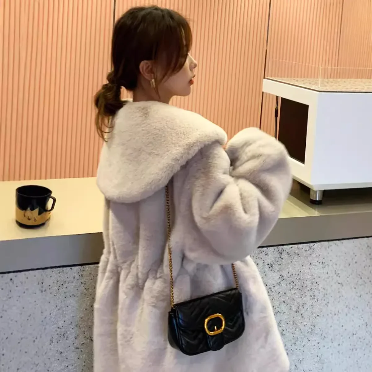 Casual Autumn Winter 2025 Women Faux Rabbit Fur Coats Y2k Overcoat Turn Down Collar Long Sleeves Mid Length Thick Loose Jackets