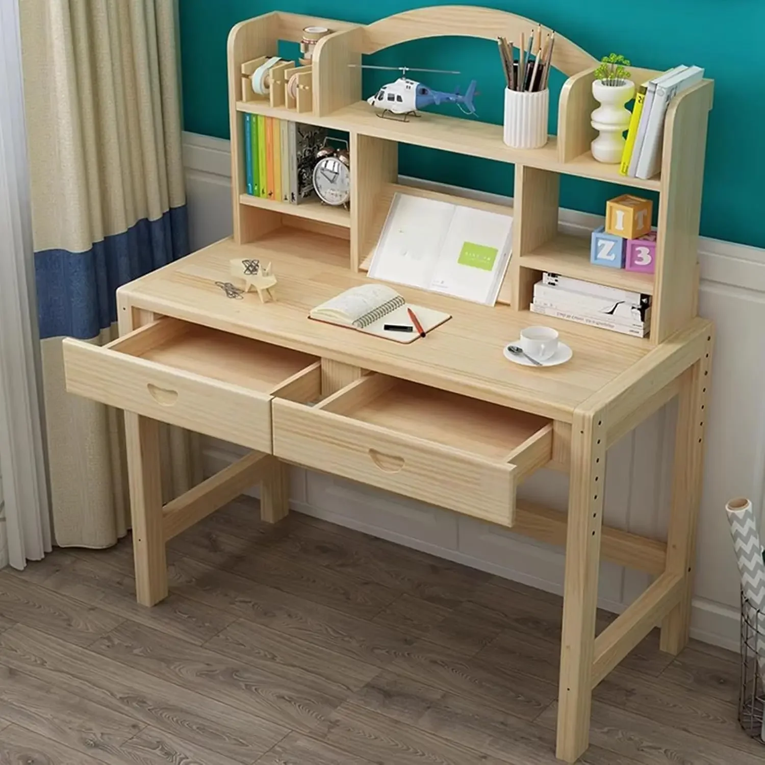 Student Wooden Desk and Chair Set with Bookshelf and Drawers Solid Pine Study Table Adjustable Height Ideal for Reading Writing,