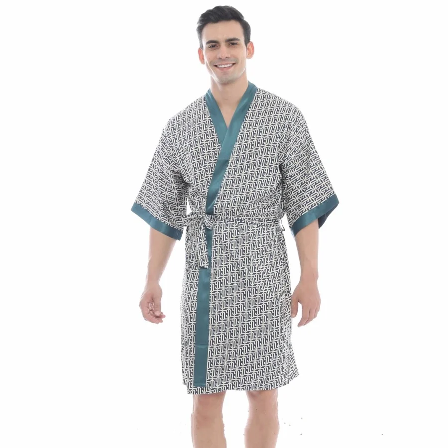 2024 new style Silk thin summer nightgown for men ice silk spring and autumn short-sleeved bathrobe printed pajamas for men