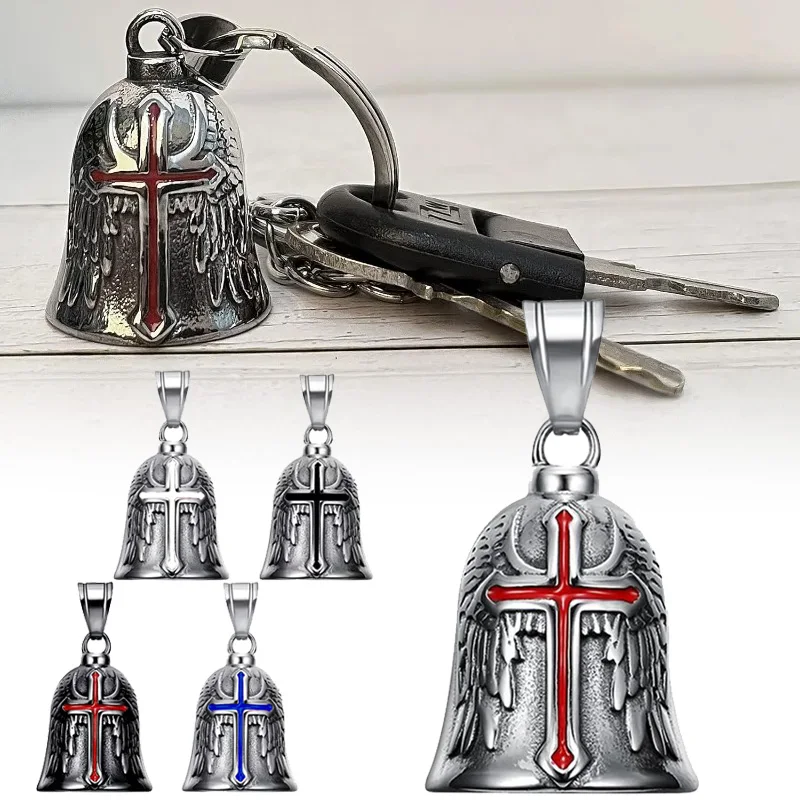 Retro Punk Style Guardian Bell Motorcycle Bells Men's Cross Lucky Bell Angel Wing Knight Bell Metal Pendant Motorcycle Accessory