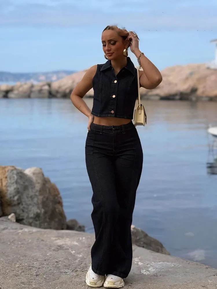 HH Women Fashion Pants Suit Lapel Single Breasted Sleeveless Vest Top+High Waist Zipper Belt Decorate Casual Wide Leg Pants