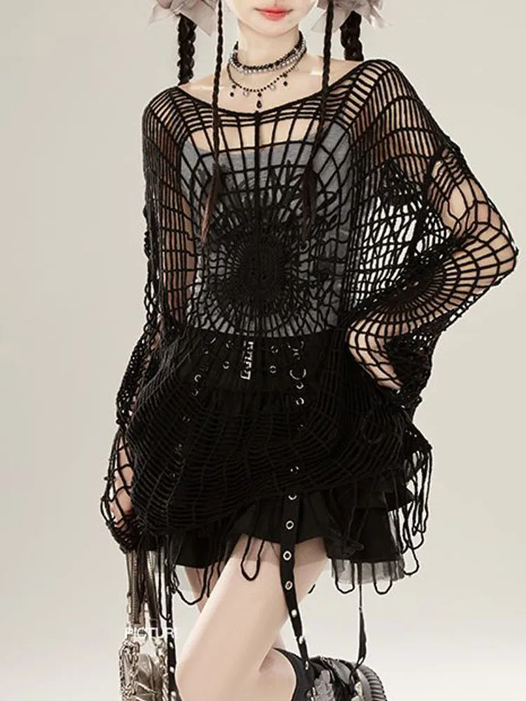

Black Hollow out Spider Web Sweater Women's Y2K Sweet Spicy Cool Dark Style Coat Casual Loose Fit Long Sleeve round Neck