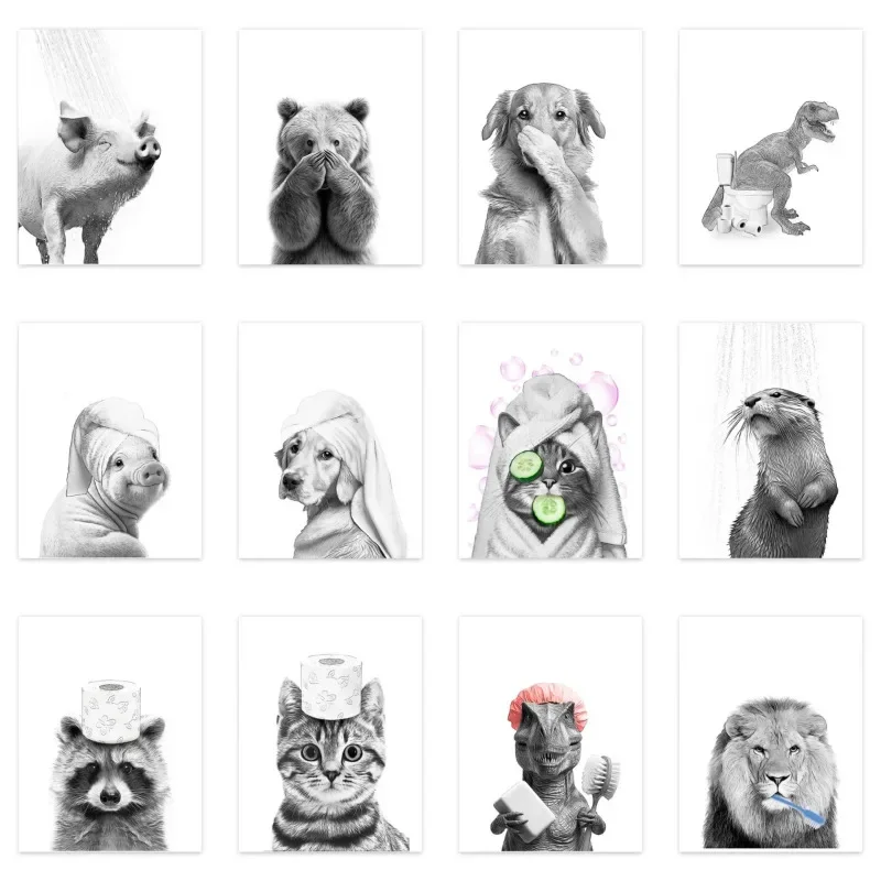 Gato, jirafa, perro, elefante, papel higiénico, bañera, divertido póster para baño, lienzo impreso, pintura, arte de pared, cuarto de ducha, decoración del hogar