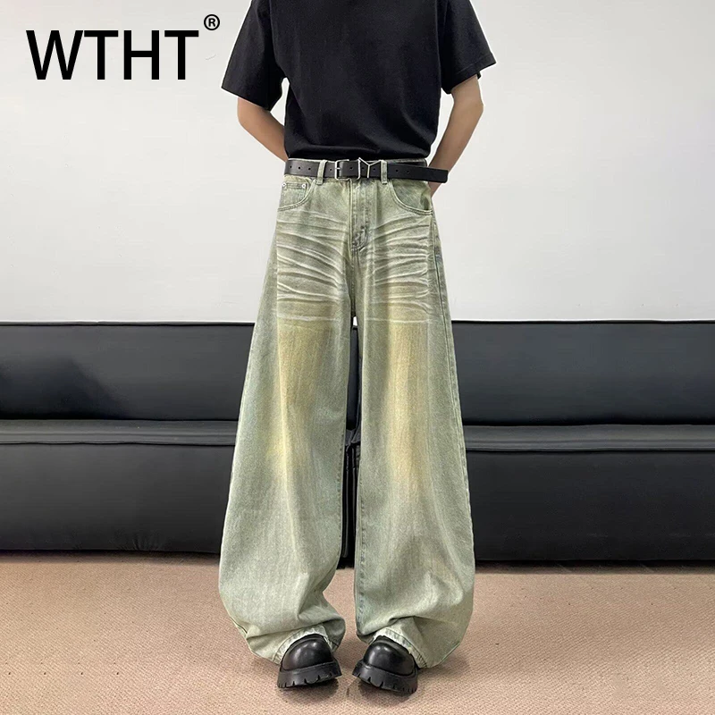 

WTHT Vintage Trendy Men's Gradient Do Old Pleated Denim Pants Fashion Summer Casual High-waisted Wide Leg Jeans Male 2A0171