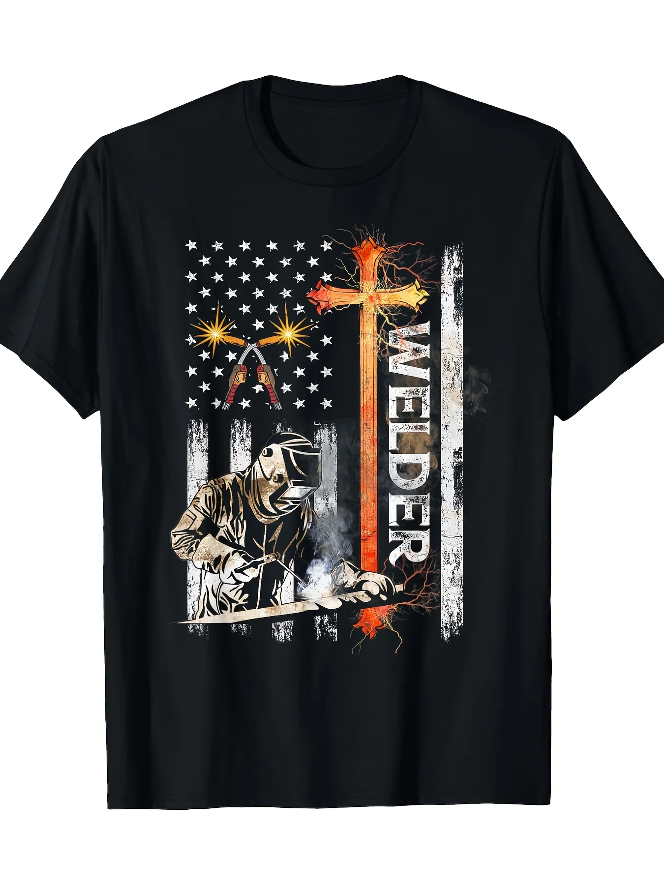 

Welder American Flag Welding Christian T-Shirt 200g 100 Cotton Fashion T-shirt Round Neck Short Sleeve Top