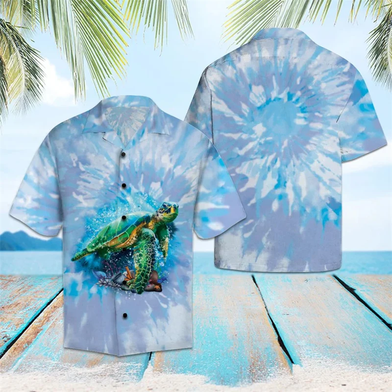 

Fashion Tie Dye Animals Pattern Hawaiian Shirts Summer Trendy Short Sleeve 3D Printed Lapel Button Shirt Loose Streetwear Blouse