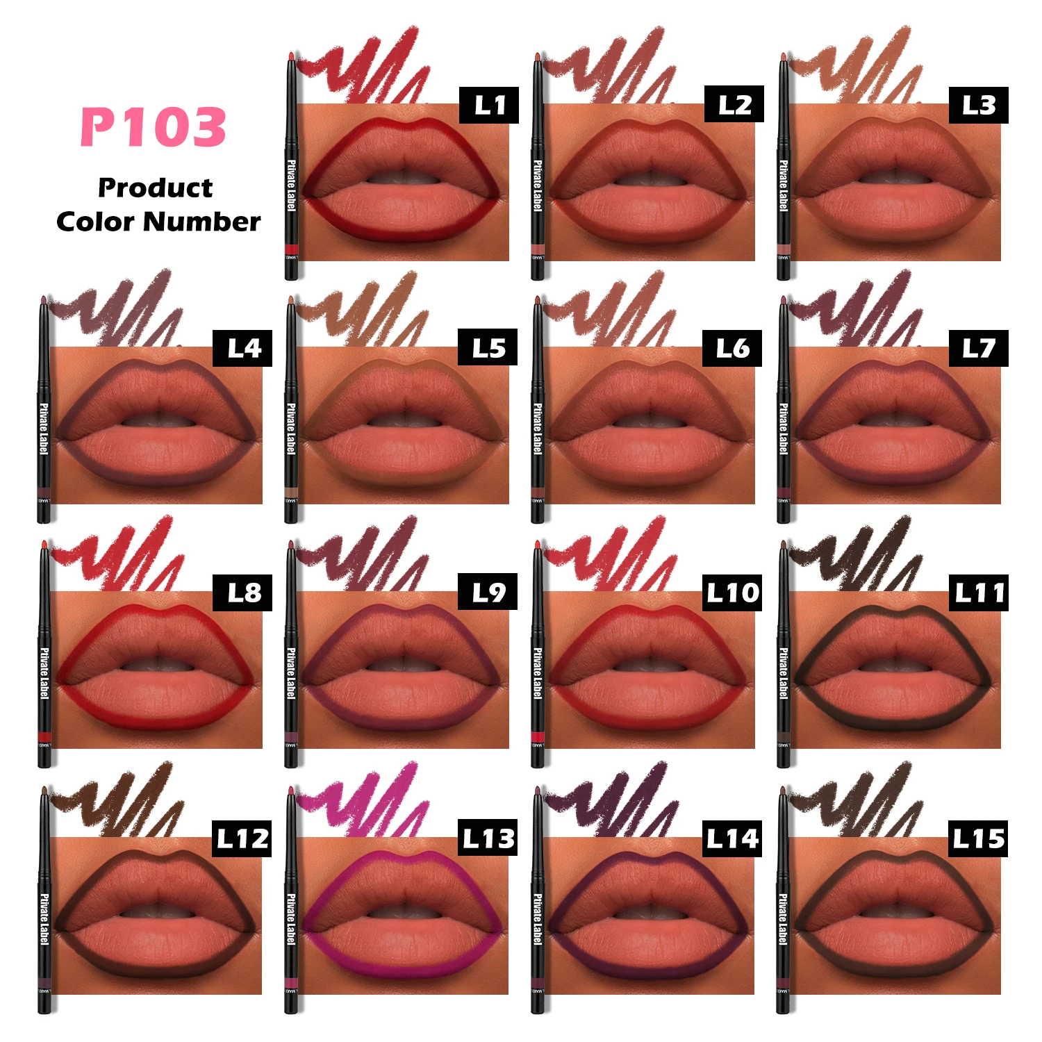 15 Colors Brown Lip Liner Private Label Wholesale No Logo Custom Logo No Brand Lip Liner Pigment Waterproof Black Color Liner