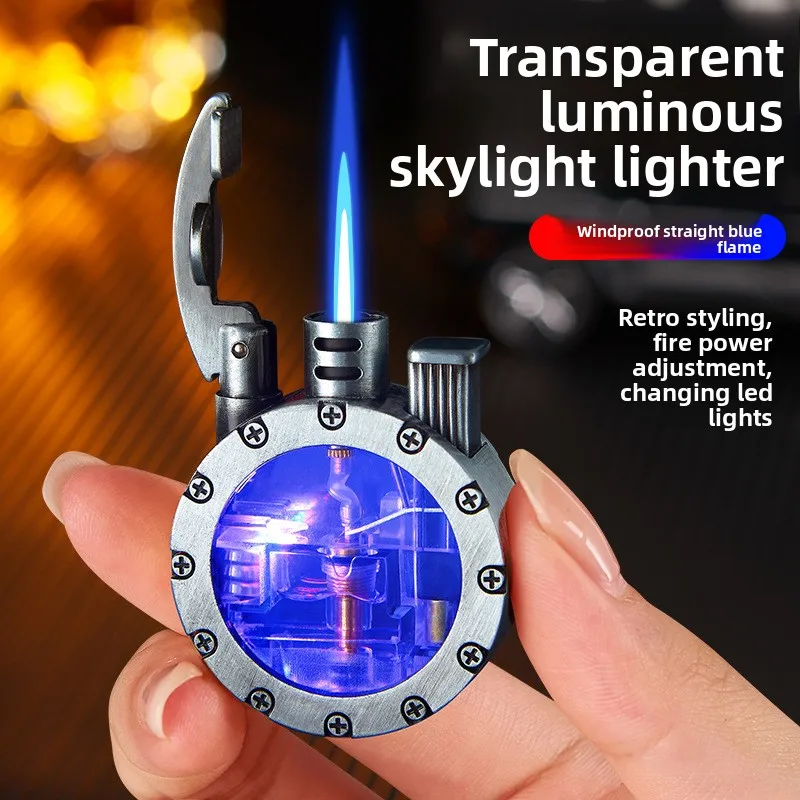2026 Windproof Lighter, Creative Retro Metal LED Color Light, Visible Transparent Air Window Direct Blue Flame Cigarette Lighter
