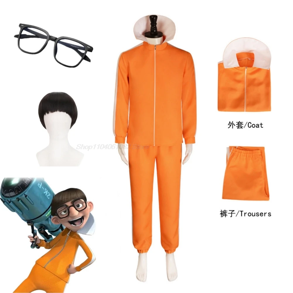 Film Vector Cosplay Kostuum Oranje Jakect Broek Outfits Set Paddenstoel-Vormige Pruik Bril Halloween Fancy Pak Party Pak